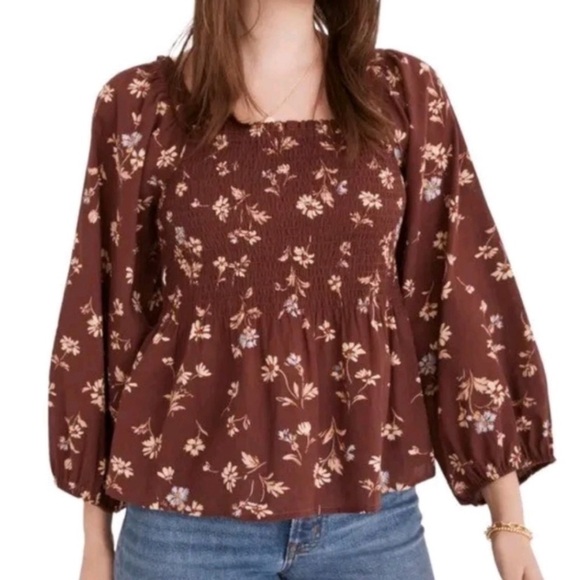 Madewell Tops - Madewell Lucie Smocked Square Neck Cotton Peplum Blouse